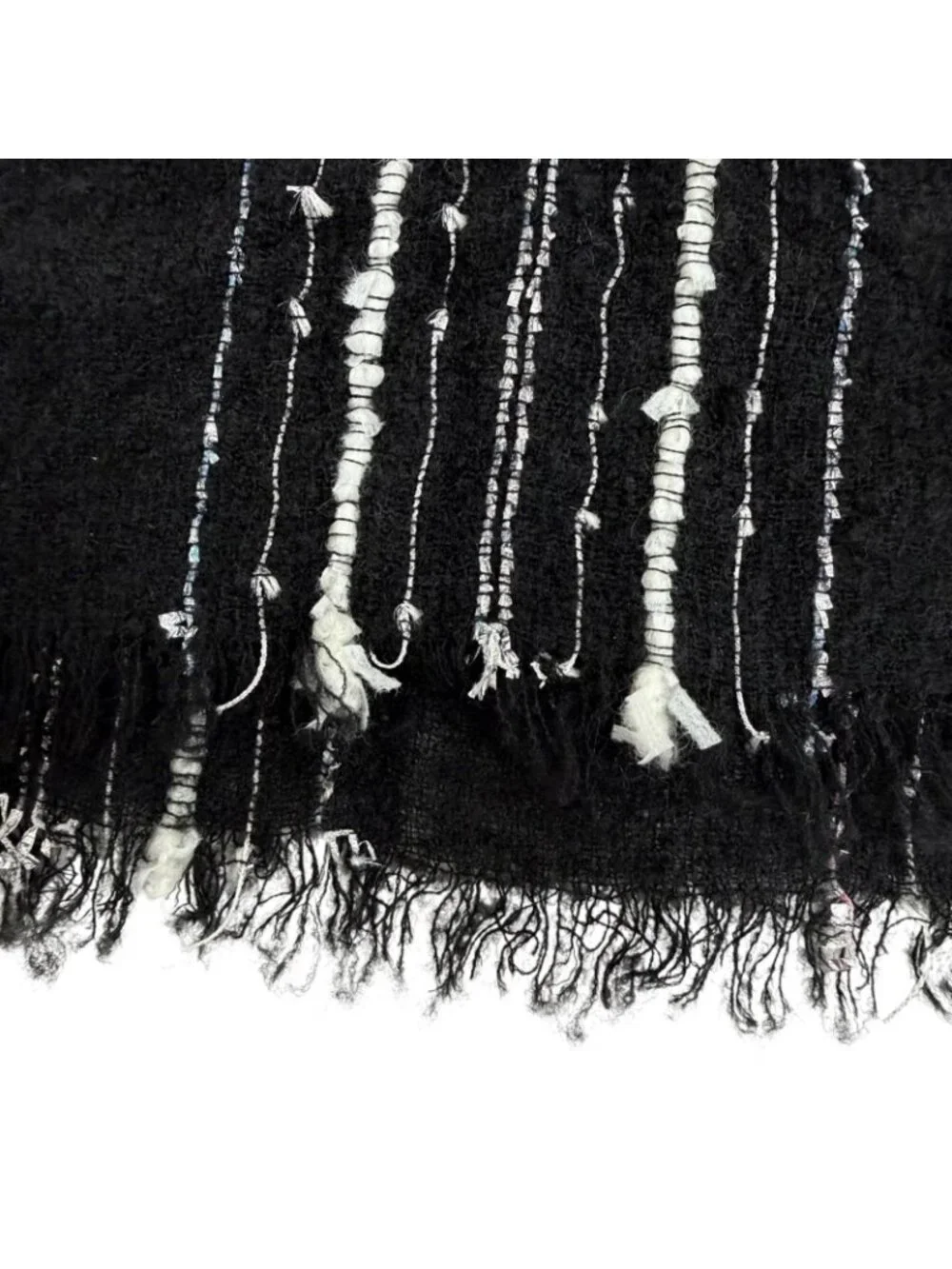 Chanel Cashmere Silk Blend CC Logo Ribbon Plaid Fringe Large Shawl Black Scarf